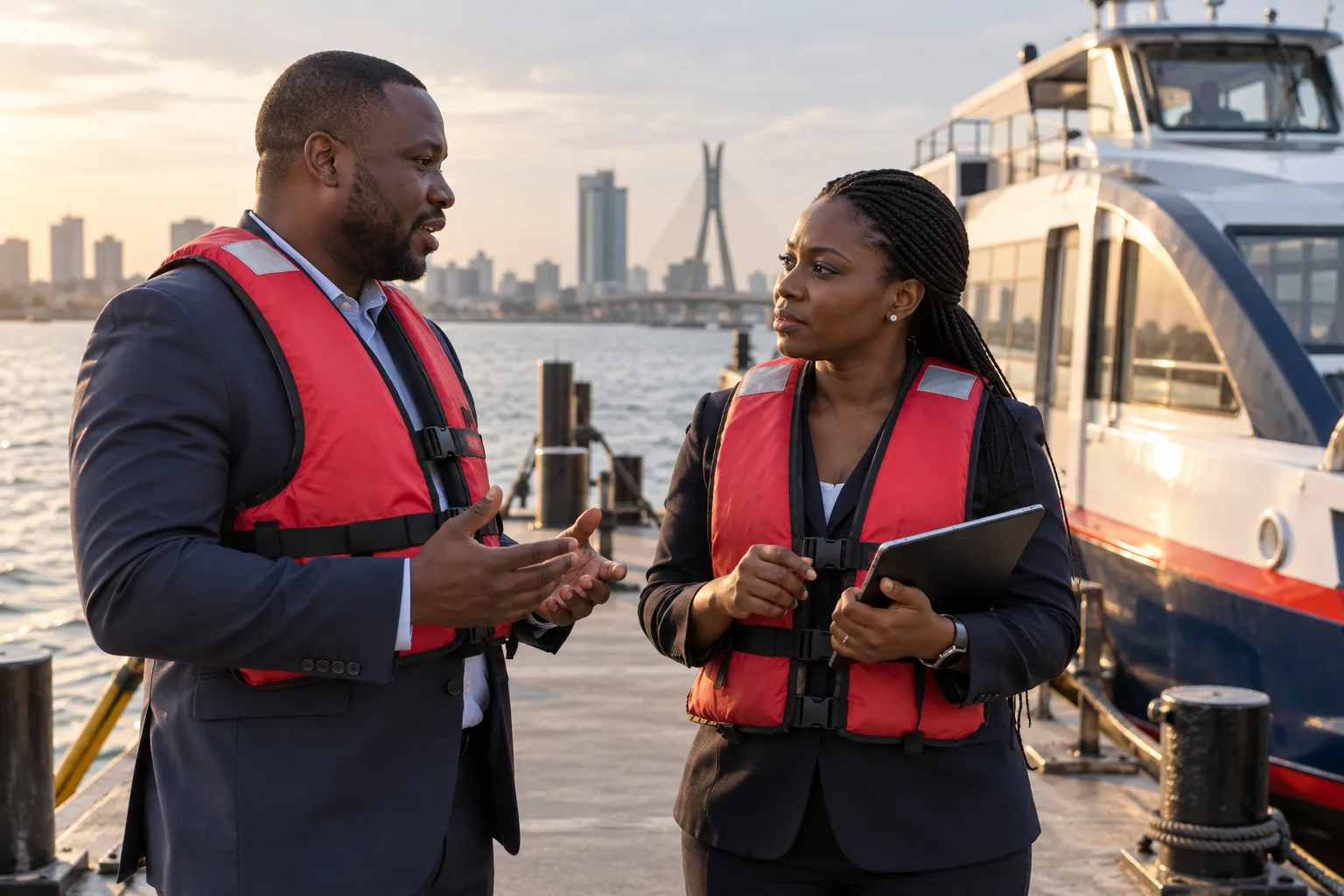 Illustrative maritime partnership discussion beside a vessel