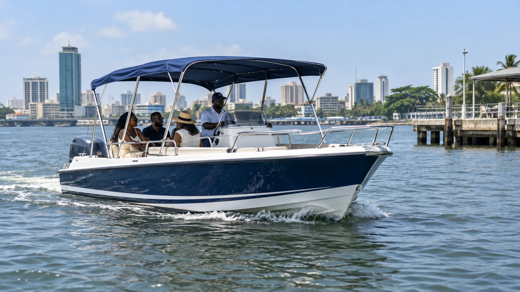 Illustration of a small charter boat on a lagoon