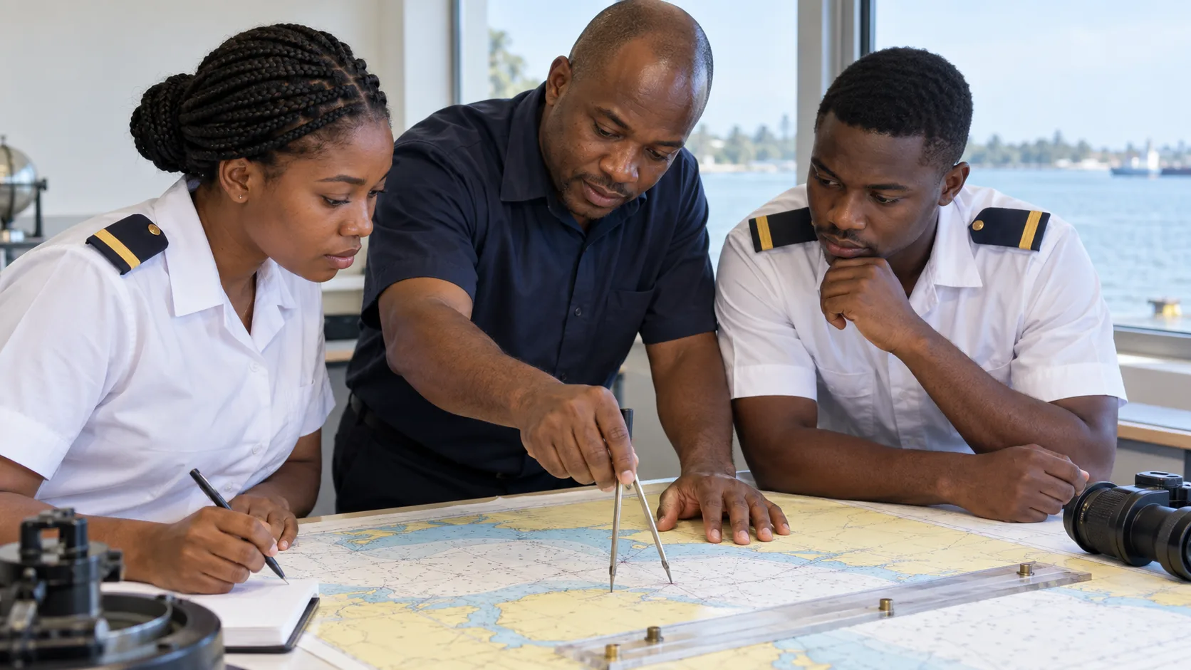 Illustration of maritime trainees learning chart navigation